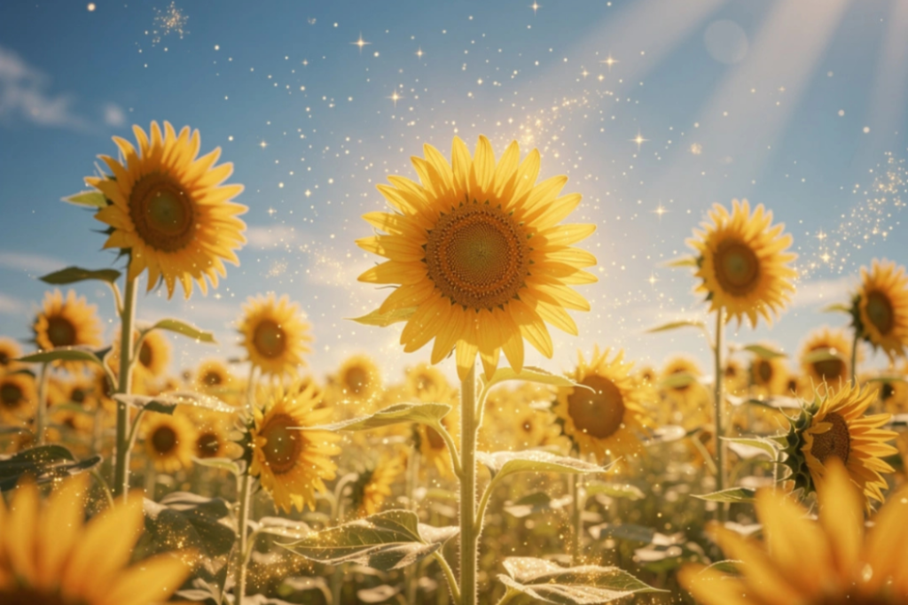 Sunflowers in a sunlit field under a blue sky with sparkles in the air.